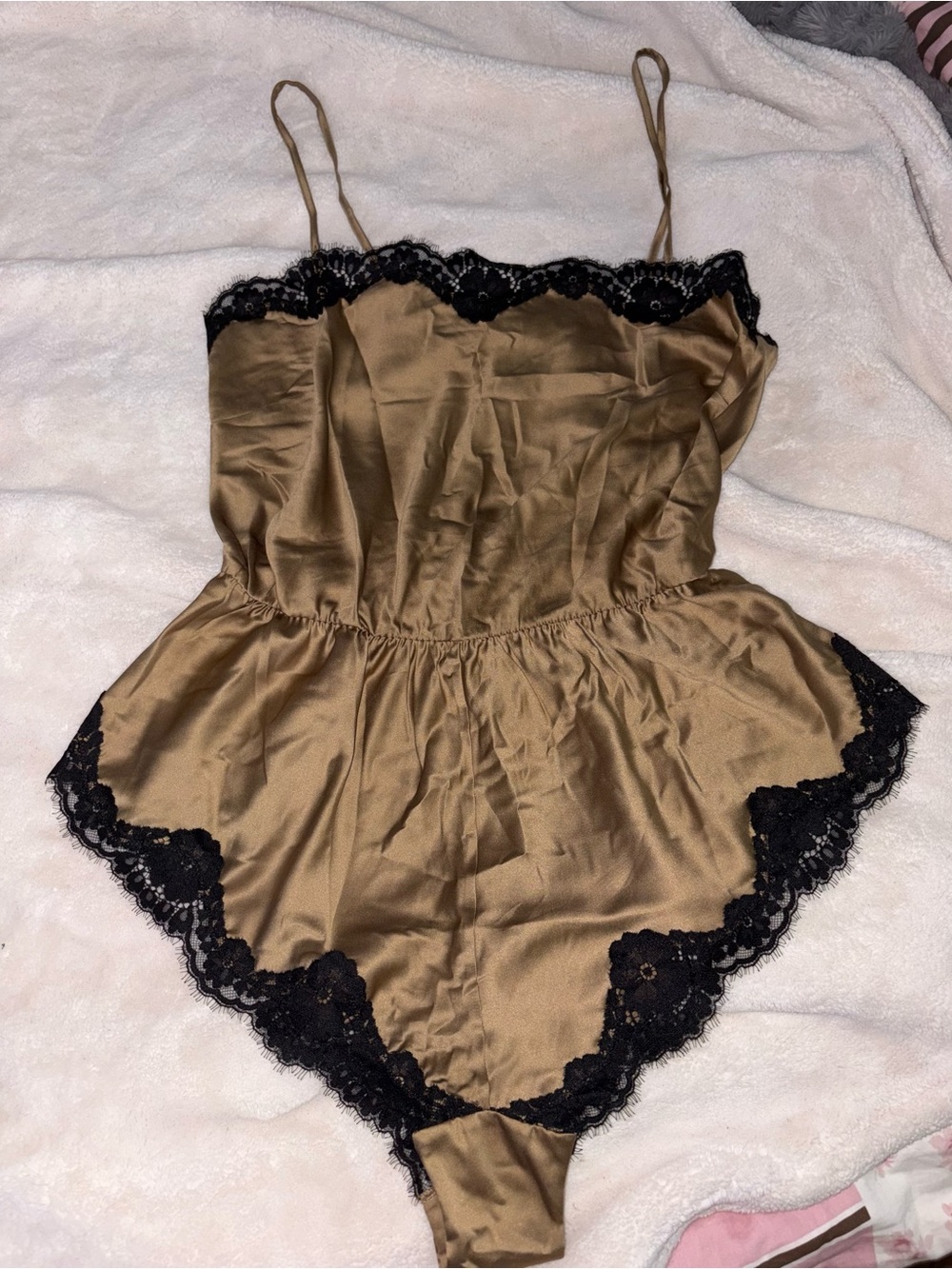 Victoria’s Secret Silk Olive Green Tan Lace Trim Bodysuit